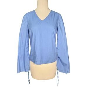 Who What Wear Blue V-Neck Bell Sleeve Blouse XS Adjustable Tie Sleeve Cotton